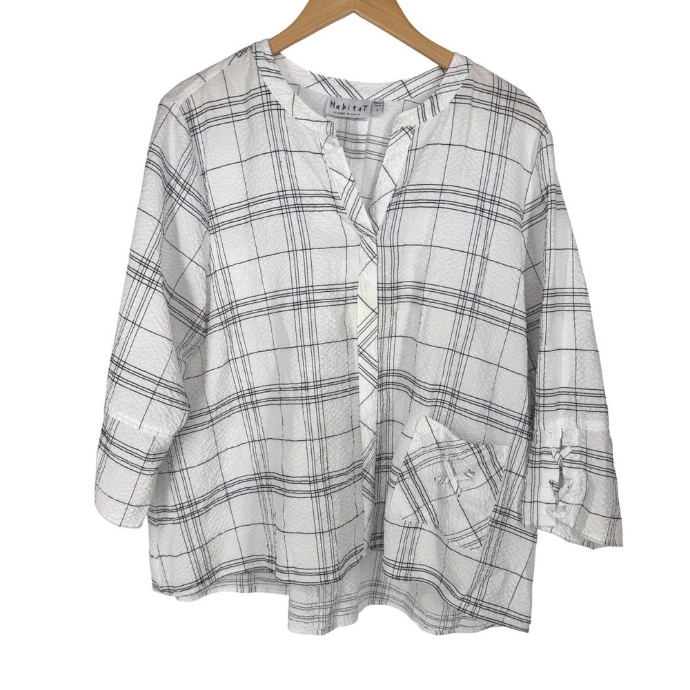 Habitat Womens Plaid Textured Tunic Top Pullover Size L Lagenlook Boxy Oversized